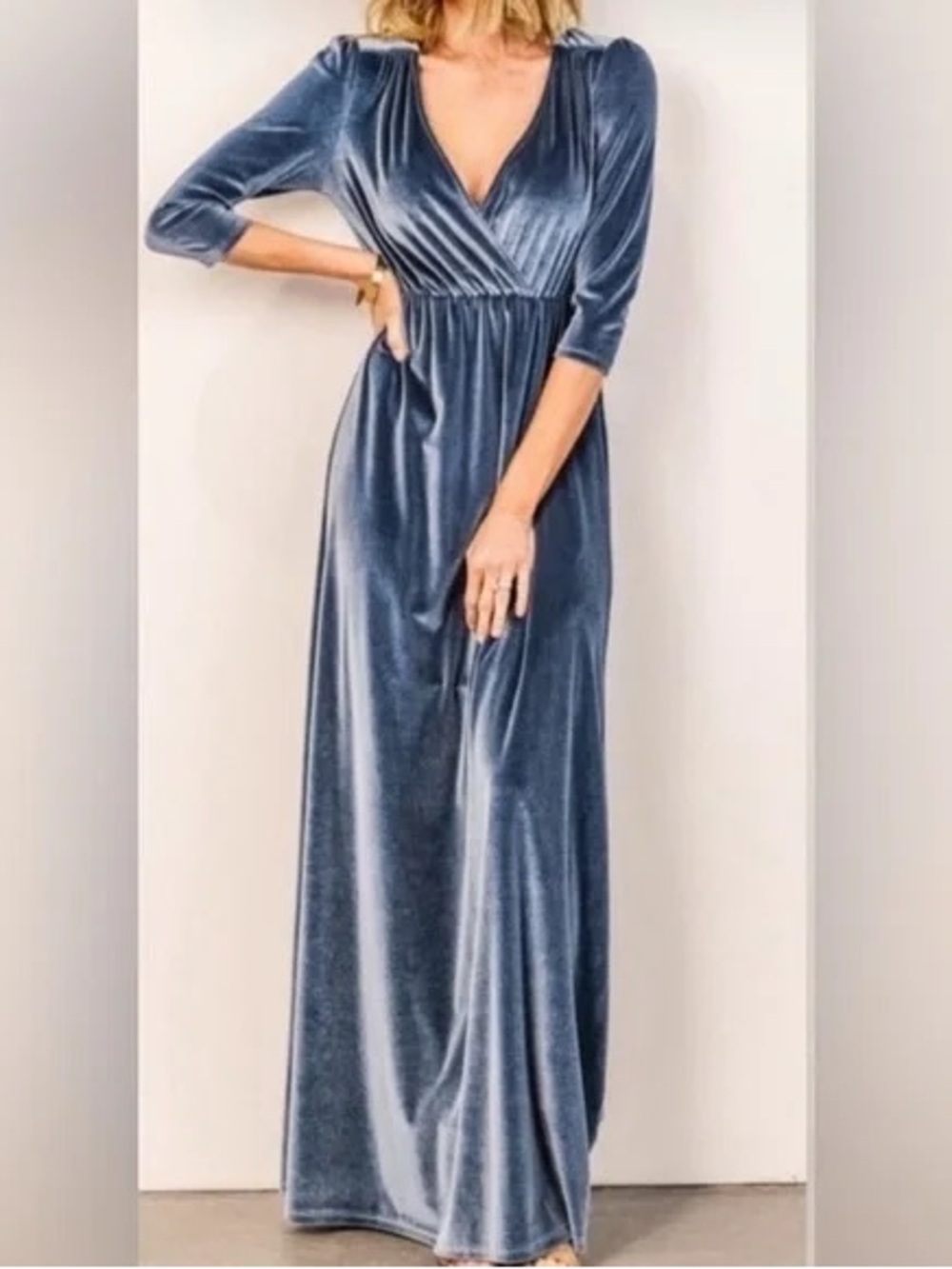 Baltic born  Velvet V-Neck Maxi Dress in Slate/steel Blue